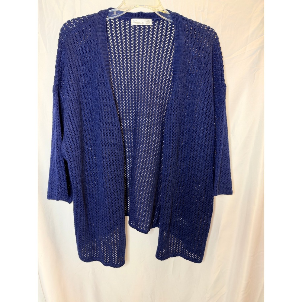 89th + Madison Womens 2X Navy Blue Crochet Knit Open Front Cardigan Sweater